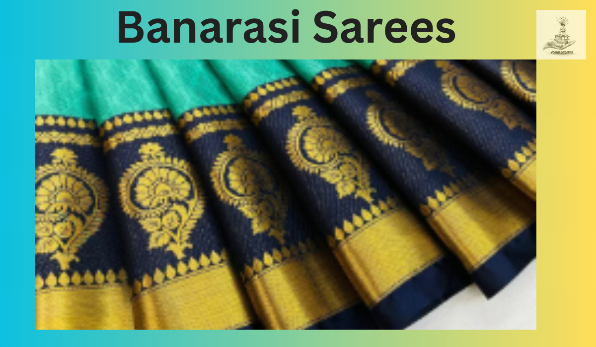  captivating image showcasing the timeless beauty of Banarasi sarees, featuring intricate gold and silver zari work on a rich silk fabric.