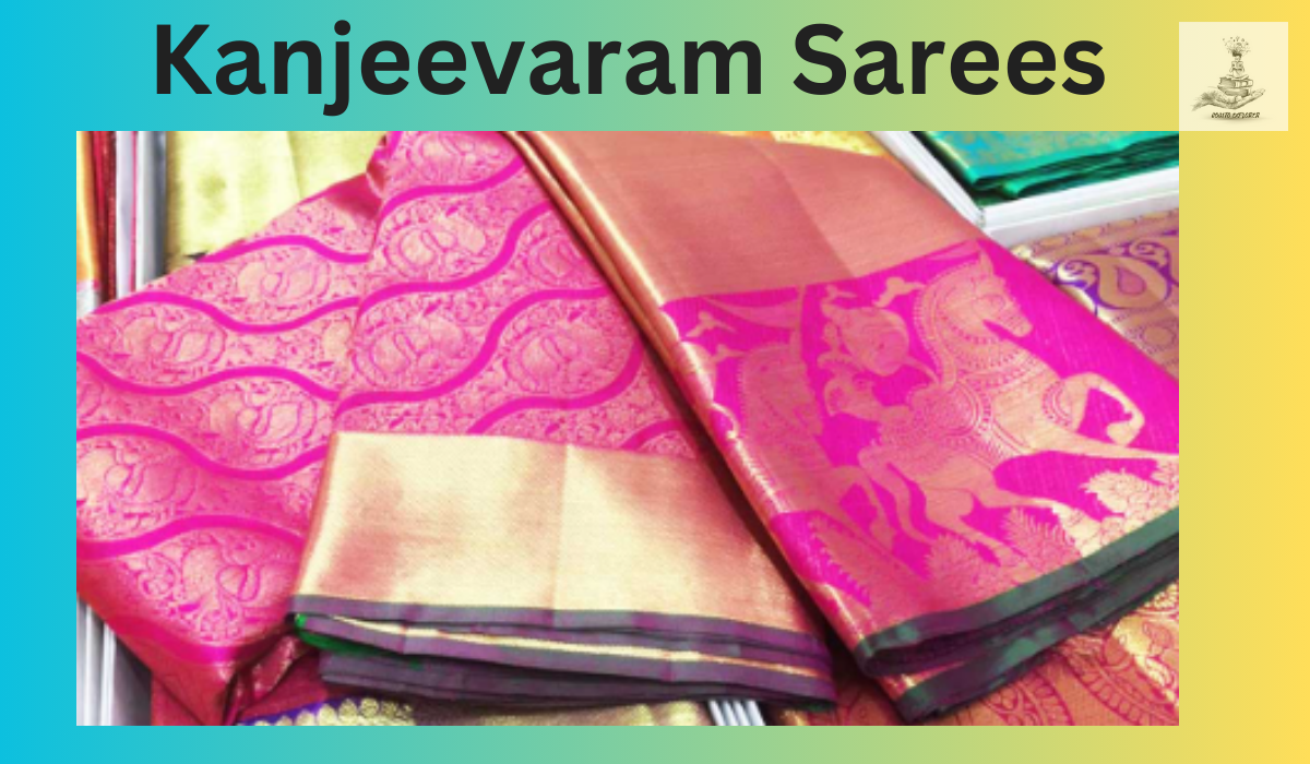 An enchanting image showcasing the resplendent beauty of Kanjeevaram sarees, featuring vibrant silk adorned with intricate zari motifs.