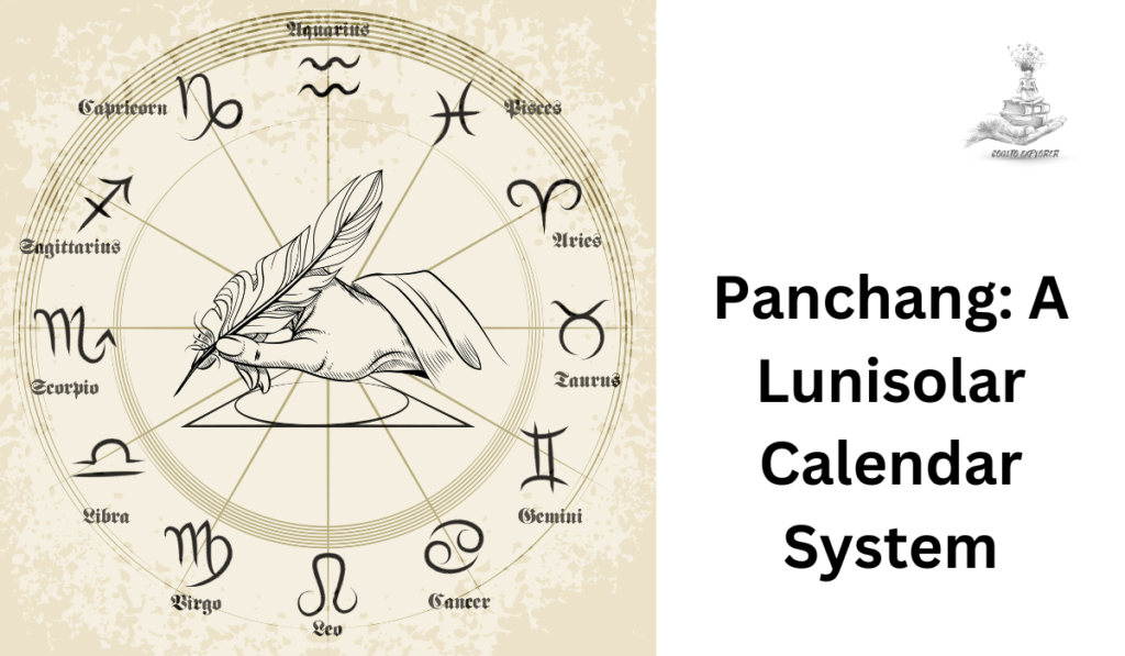 Image depicting a traditional Hindu panchang calendar with Sanskrit text and astrological symbols.